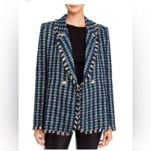 Aqua Bloomingdales Tweed Fringe Blue Yan Metallic Blazer Size Small  2110